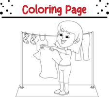 cute girl drying clothes coloring book page for kids and adults vector