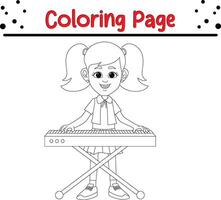 bonito pequeño niña jugando eléctrico piano colorante libro página para adultos y niños vector