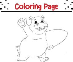 cute Hippo carrying surfboard coloring book page for kids and adults vector