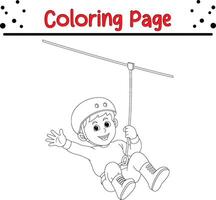 happy boy playing zipline coloring book page for kids and adults vector