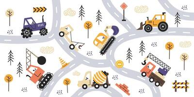 set with cute cars, tractors and road equipment. Road elements, concrete mixer, excavator, crane. Set construction vehicle in Scandinavian style. Hand drawn children illustration.Diggers vector