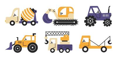 set of cute cars. Tractor, cargo crane, bulldozer, excavator, concrete mixer. Cute hand drawn diggers. Children's set of road transportation. Set construction vehicle in Scandinavian style. vector