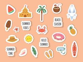 Cute set of summer stickers. Icons for tropical vacation. Palm, watermelon, ice cream, crab, sun. Seasonal elements collection in hand drawn style. Peach isolated background. vector