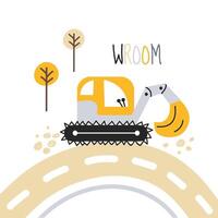 Cute excavator. print with cute car for fabric, textile, wallpaper and postcard design. Children's minimalistic illustration in Scandinavian style. White isolated background. Wroom. vector