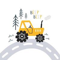 Cute hand drawn tractor. print with cute cars for fabric, textile, wallpaper and postcard design. Children's minimalistic illustration in Scandinavian style. White isolated background. vector