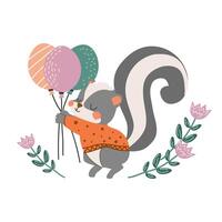 Cute skunk. children's illustration with forest animal. Skunk and balloons. Postcard, print for clothes, printing. White isolated background. vector