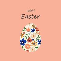 Cute Easter greeting card with egg. Easter egg decorated with flowers. Happy Easter inscription. Pink Isolated Background. vector