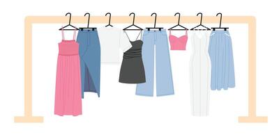 De las mujeres ropa en bastidores vestidos, camiseta, Faldas. organizado De las mujeres verano armario. almacenamiento de ropa. mano dibujado color plano ilustración. vector