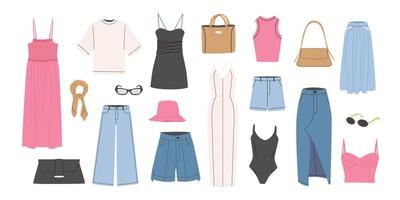 conjunto de De las mujeres casual ropa. hembra ropa para verano. vestidos, Faldas, bermudas, bolsas, lentes. color plano ilustración aislado en blanco antecedentes. dibujado a mano estilo. vector