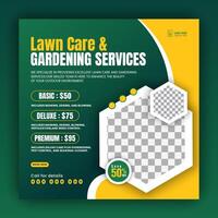 Modern lawn care garden or landscaping service for social media cover or post design template, organic food and agriculture web banner with abstract green gradient and yellow color shapes vector