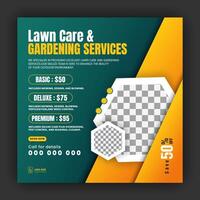 Modern lawn care garden or landscaping service for social media cover or post design template, organic food and agriculture web banner with abstract green gradient and yellow color shapes vector