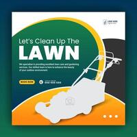 Modern lawn mower garden or landscaping service social media cover design, farming and agriculture promotion with abstract green and yellow web banner, post template flyer leaflet poster vector