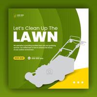 Modern lawn mower garden or landscaping service social media cover design, farming and agriculture promotion with abstract green and yellow web banner, post template flyer leaflet poster vector