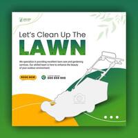 Modern lawn care garden or landscaping service for social media cover or post design template, organic food and agriculture web banner with abstract green gradient and yellow color shapes vector