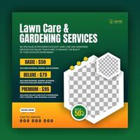 Modern lawn care garden or landscaping service for social media cover or post design template, organic food and agriculture web banner with abstract green gradient and yellow color shapes vector