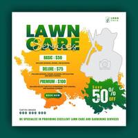 Modern lawn mower garden or landscaping service social media cover design, farming and agriculture promotion with abstract green and yellow web banner, post template flyer leaflet poster vector