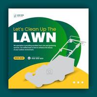 Modern lawn mower garden or landscaping service social media cover design, farming and agriculture promotion with abstract green and yellow web banner, post template flyer leaflet poster vector