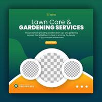 Modern lawn mower garden or landscaping service social media cover design, farming and agriculture promotion with abstract green and yellow web banner, post template flyer leaflet poster vector