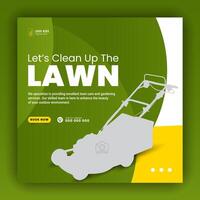 Modern lawn mower garden or landscaping service social media cover design, farming and agriculture promotion with abstract green and yellow web banner, post template flyer leaflet poster vector