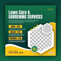 Modern lawn care garden or landscaping service for social media cover or post design template, organic food and agriculture web banner with abstract green gradient and yellow color shapes vector