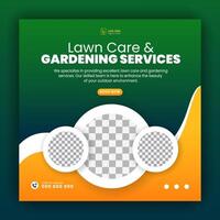 Modern lawn mower garden or landscaping service social media cover design, farming and agriculture promotion with abstract green and yellow web banner, post template flyer leaflet poster vector