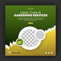 Modern lawn care garden or landscaping service for social media cover or post design template, organic food and agriculture web banner with abstract green gradient and yellow color shapes vector