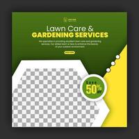 Modern lawn care garden or landscaping service for social media cover or post design template, organic food and agriculture web banner with abstract green gradient and yellow color shapes vector