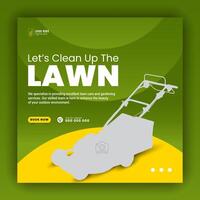 Modern lawn mower garden or landscaping service social media cover design, farming and agriculture promotion with abstract green and yellow web banner, post template flyer leaflet poster vector