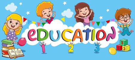 Happy Cute Cartoon School Children.Happy Kids Studying And Learning vector