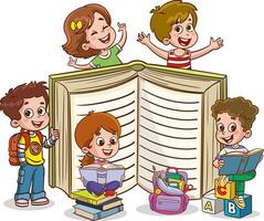 Happy Cute Cartoon School Children.Happy Kids Studying And Learning vector