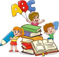 Happy Cute Cartoon School Children.Happy Kids Studying And Learning vector