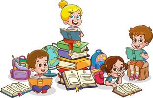 Happy Cute Cartoon School Children.Happy Kids Studying And Learning vector