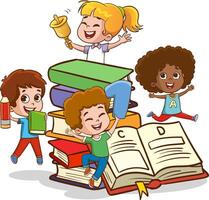 Happy Cute Cartoon School Children.Happy Kids Studying And Learning vector