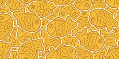 pescado taiyaki sin costura modelo panadería Japón comida bocadillo atún tiburón salmón delfín garabatear icono dibujos animados Oceano mar loseta antecedentes repetir fondo de pantalla bufanda aislado mascota animal garabatear ilustración desi vector