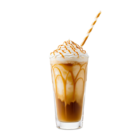 A glass of ice cream with a straw in it. The ice cream is topped with whipped cream and caramel sauce. png