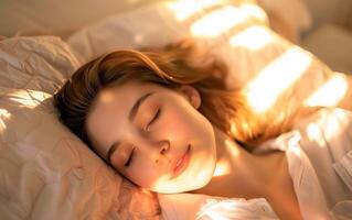 Portrait of young woman sleeping in bed. photo