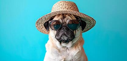 contento doguillo perro vistiendo Gafas de sol y un sombrero terminado azul antecedentes. promoción bandera con vacío espacio para texto o producto. foto