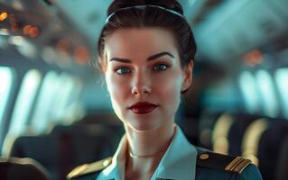 Confident stewardess woman at work on airplane. photo