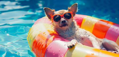 Cute Chihuahua dog wearing sunglasses while relaxing on colourful floater in swimming pool. Summer vibes concept. photo