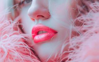 cerca arriba foto de sensual rosado labios. hembra cosmético hacer arriba concepto. rosado lápiz labial brillo para mujer.