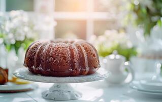 Chocolate pound cake on beautiful vintage kitchen and copy space. photo