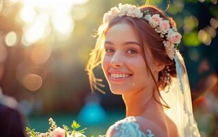 Beautiful bride portrait standing on nature with large bouquet and sun rays. Wedding portrait session of young bride. photo