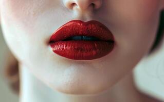 cerca arriba foto de sensual rojo labios. hembra cosmético hacer arriba concepto. rojo lápiz labial brillo para mujer.