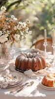 Chocolate pound cake on beautiful vintage kitchen and copy space. photo