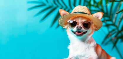Happy chihuahua dog wearing sunglasses and a hat over blue background. Promotion banner with empty space for text or product. photo