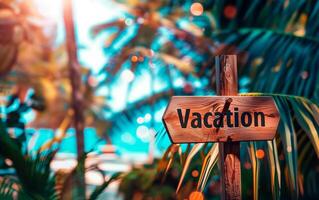 Vacation sign at the beach. Ready for summer travel. Tropical destination holidays concept. photo