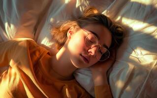 Portrait of young woman sleeping in bed. photo