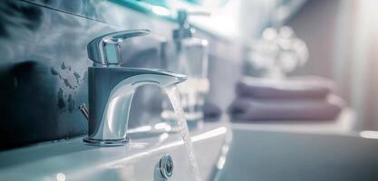 Header close up photo of faucet with water running from tap.