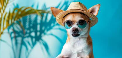 Happy chihuahua dog wearing sunglasses and a hat over blue background. Promotion banner with empty space for text or product. photo