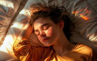 retrato de joven mujer dormido en cama. foto